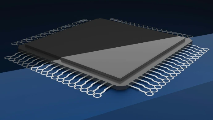 a close up of a computer chip on a blue background